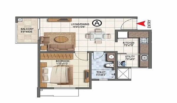 Featured Image of The Prestige City Bidadi 1 BHK Apartment Floor Plan